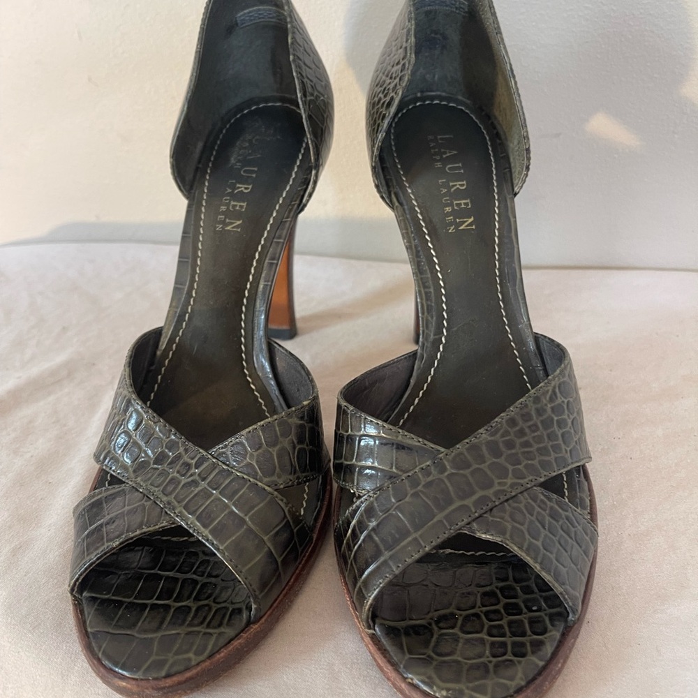 Ralph Lauren Leather Crocodile Pattern Heels Callia Peep Toe Pumps Shoes 7 B - Picture 3 of 9